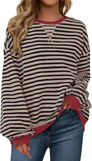 Fisoew Womens Striped Oversized Sweatshirt Color Block Crew Neck Long Sleeve Shirt Casual Loose Pullover Top Y2K Clothes