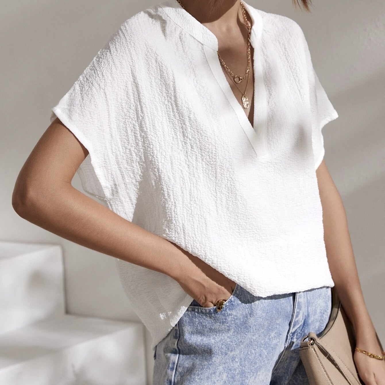 Women's Summer New Notch Batwing Sleeve Shirt Deep V-neck Casual Loose Short Sleeved Top