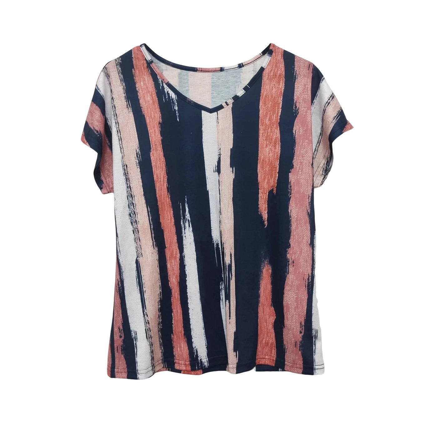 Ladies' V-neck Striped Contrasting Printed Batwing Sleeves Loose Casual Style Shirt Top T-shirt
