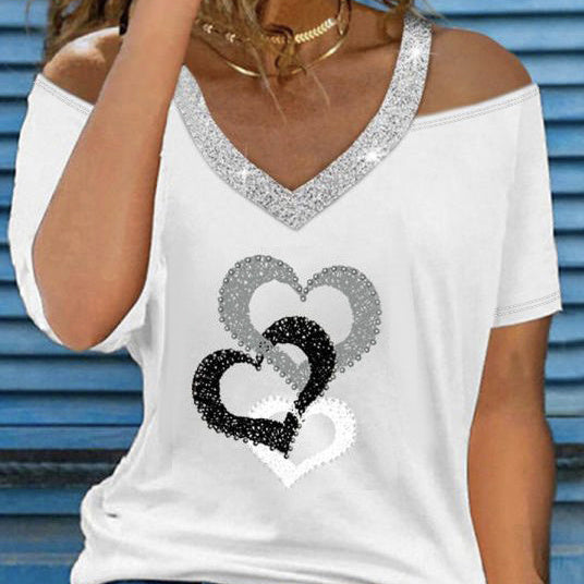 Ladies' New Holiday Love Printed Sequin Splicing Off Shoulder Casual Style T-shirt