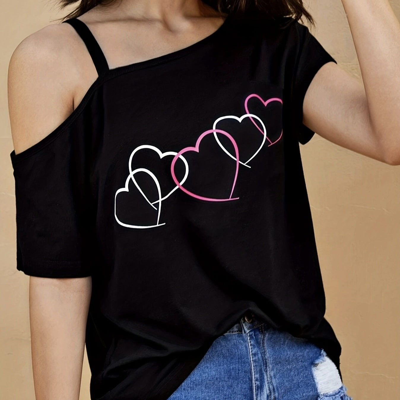 Ladies' Fashion Asymmetrical Neck Heart-shaped Printed Top Casual Pullover Slanted Shoulder Collar Shirt