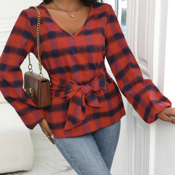 Ladies' Fashionable And Elegant Temperament Butterfly Bow Design Checkered Printed Shirt Top
