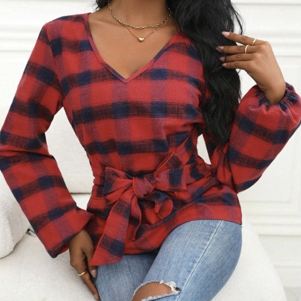 Ladies' Fashionable And Elegant Temperament Butterfly Bow Design Checkered Printed Shirt Top