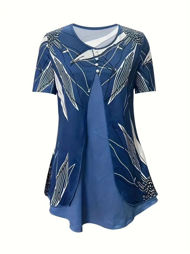 Summer New Short-sleeved Printed Fake Two-piece T-shirt V-neck Fashion Spike Top