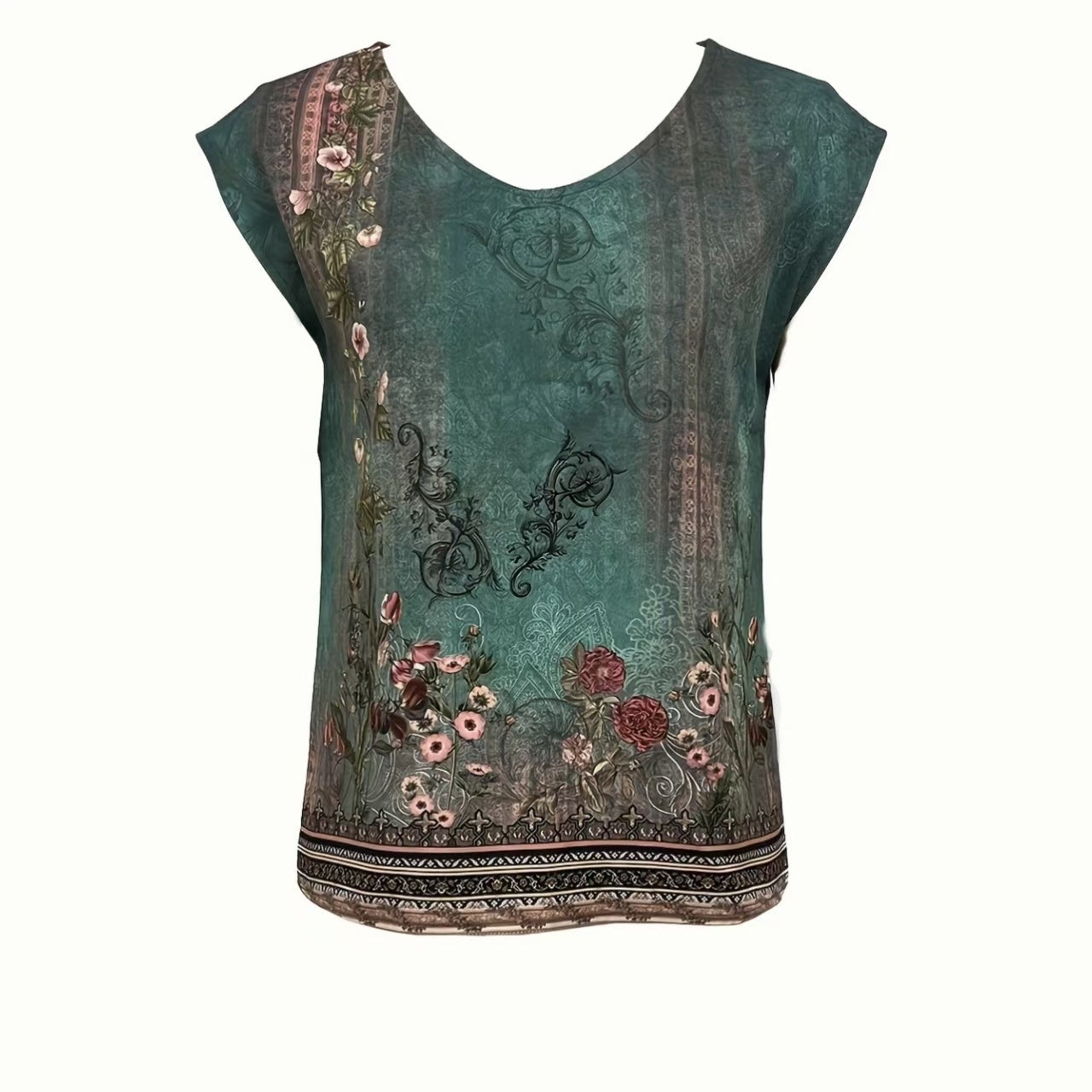 Ladies' Fashion Tribe Flower Printed Hat Sleeve V-neck T-shirt Tank Top
