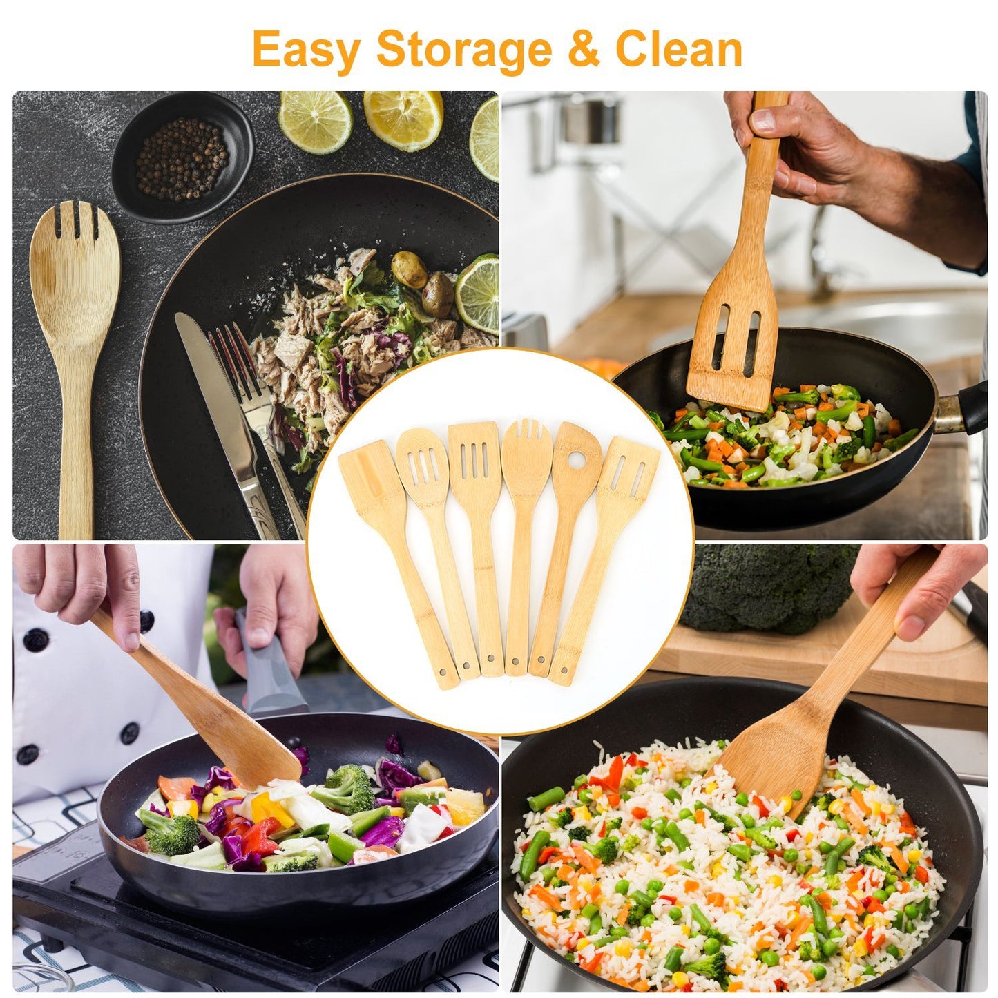 Set Of 6Pcs Cooking Utensil Bamboo Wooden Spoons Spatula Kitchen Cooking Tools Nonstick Wooden Cookware Kitchen Gadgets