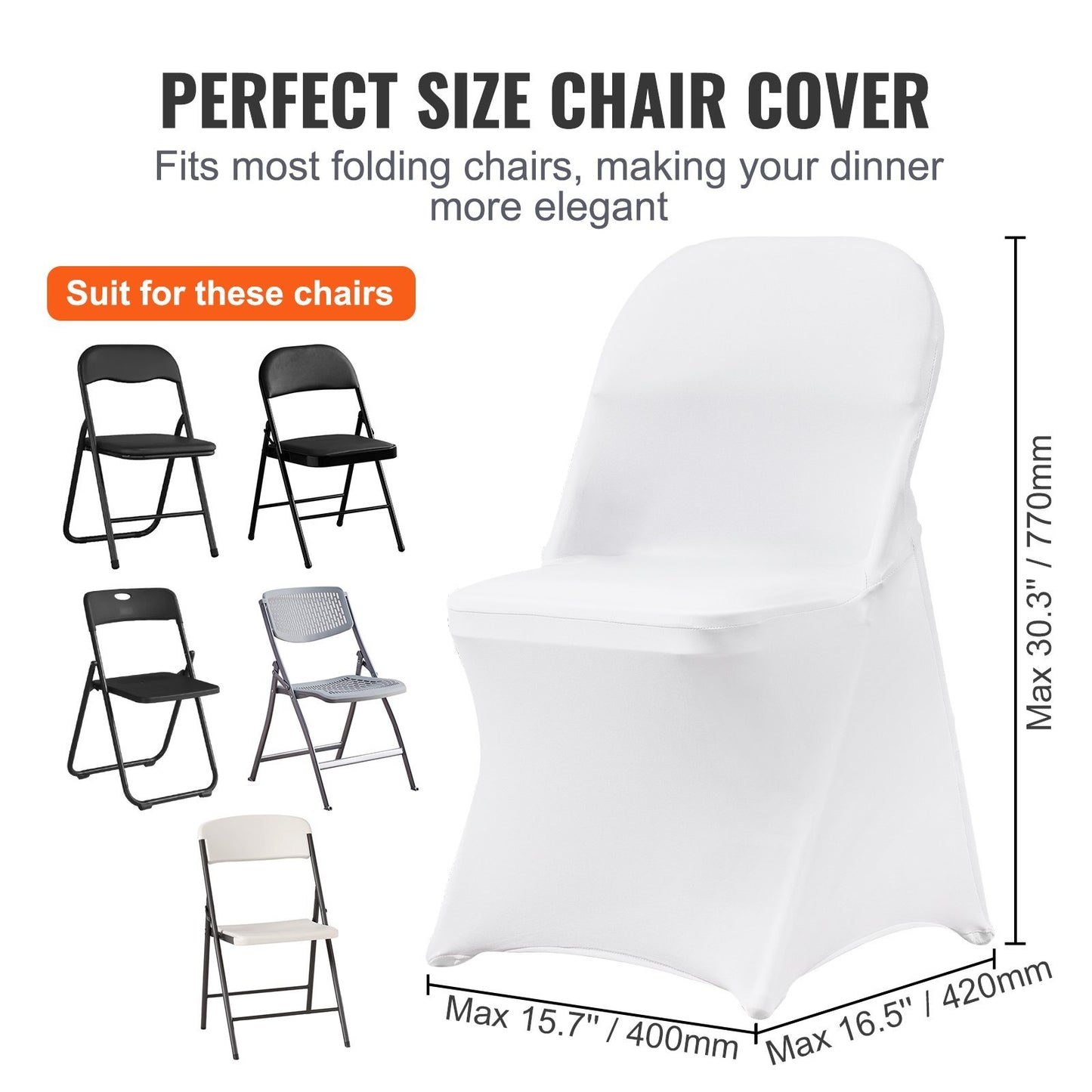 VEVOR White Stretch Spandex Chair Covers - 12 PCS, Folding Kitchen Chairs Cover, Universal Washable Slipcovers Protector, Removable Chair Seat Covers, For Wedding Party Dining Room Banquet Event