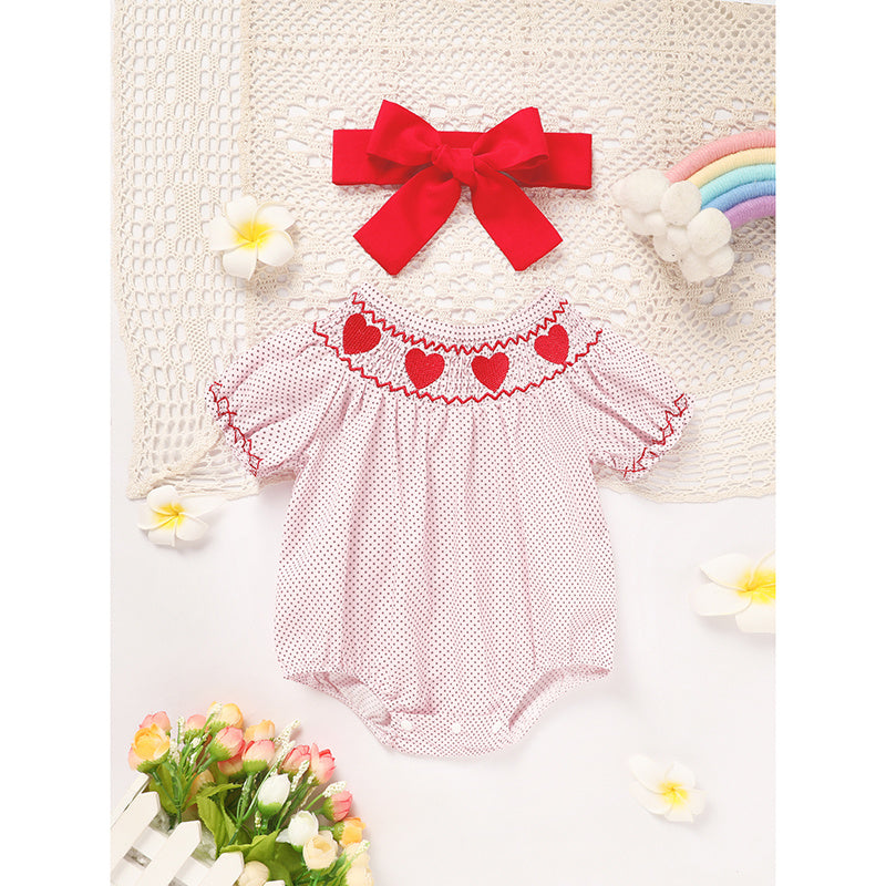 Newborn Baby Girls' Valentine's Day Smocked Romper Short Sleeve Heart Embroidery Jumpsuit Casual Cute Romper
