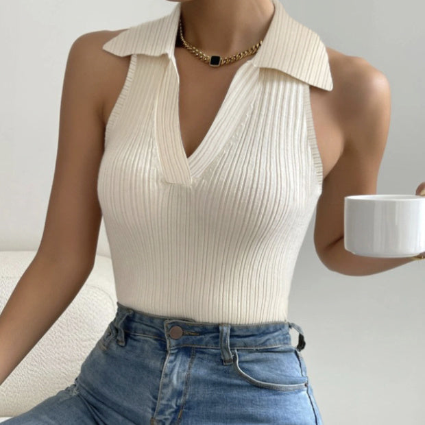Ladies' Fashionable Casual Solid Color Lapel Halter Vest Top