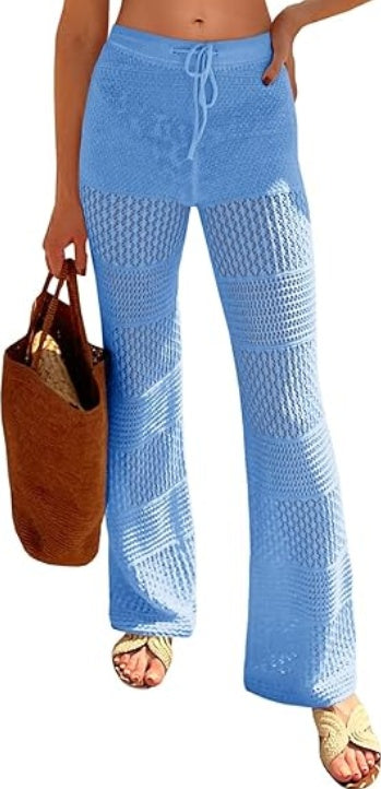 Saodimallsu Womens Beach Cover Up Pants Boho Crochet Knit High Waist Drawstring Sheer Hollow Swim Pant Swimwear