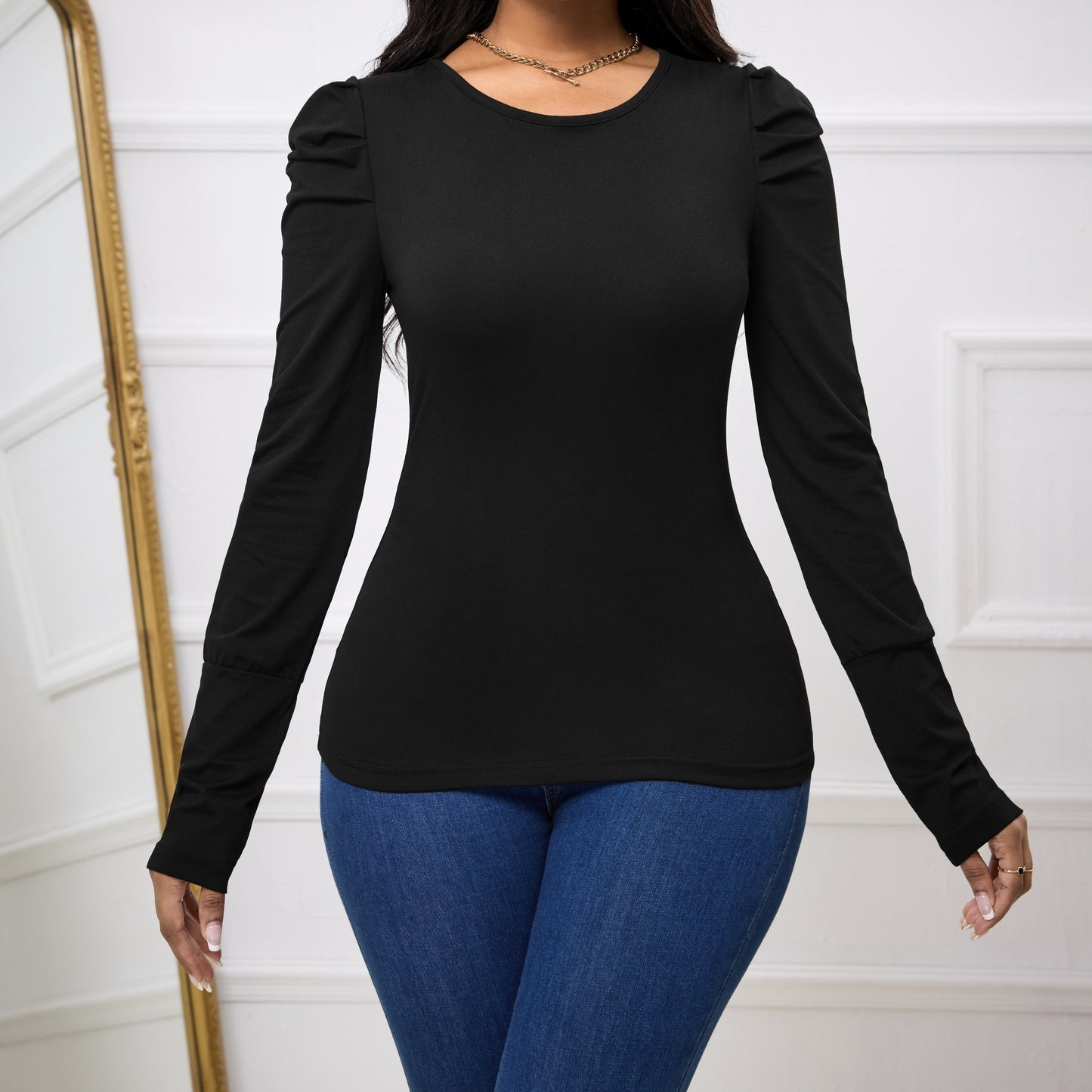 Women's Solid Color Round Neck Bubble Sleeves Slim Fit And Slimming Basic Simple And Versatile Long Sleeved T-shirt