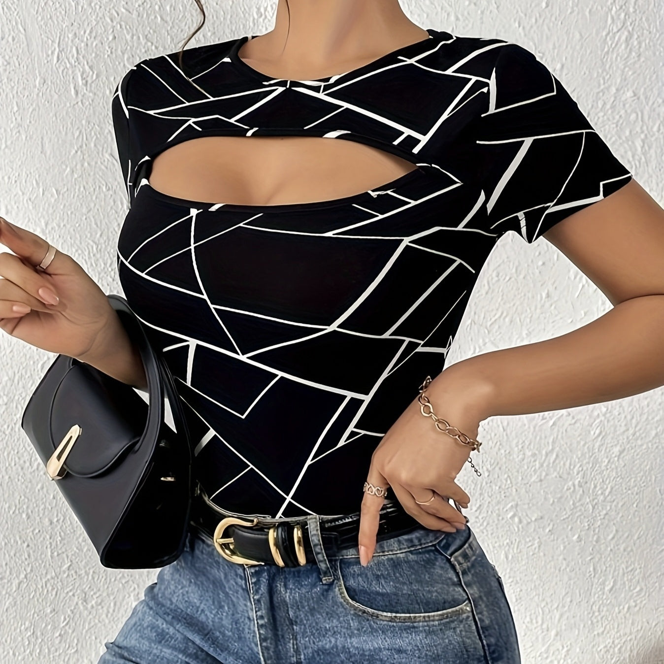 Ladies' Geometric Print Design Casual Style Hollowed Out Front Collar Round Neck Shoulder T-shirt Top