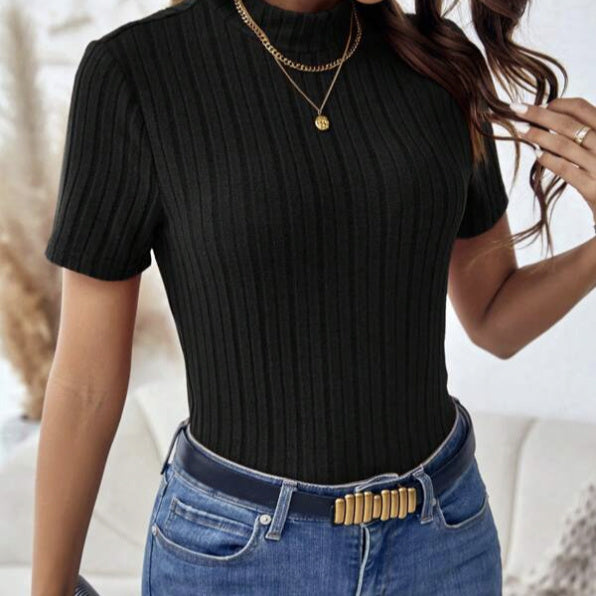 Ladies' Elegant Commuting Solid Color Commuting Fashionable Temperament High Neck Fashionable Knitted Short Sleeved T-shirt