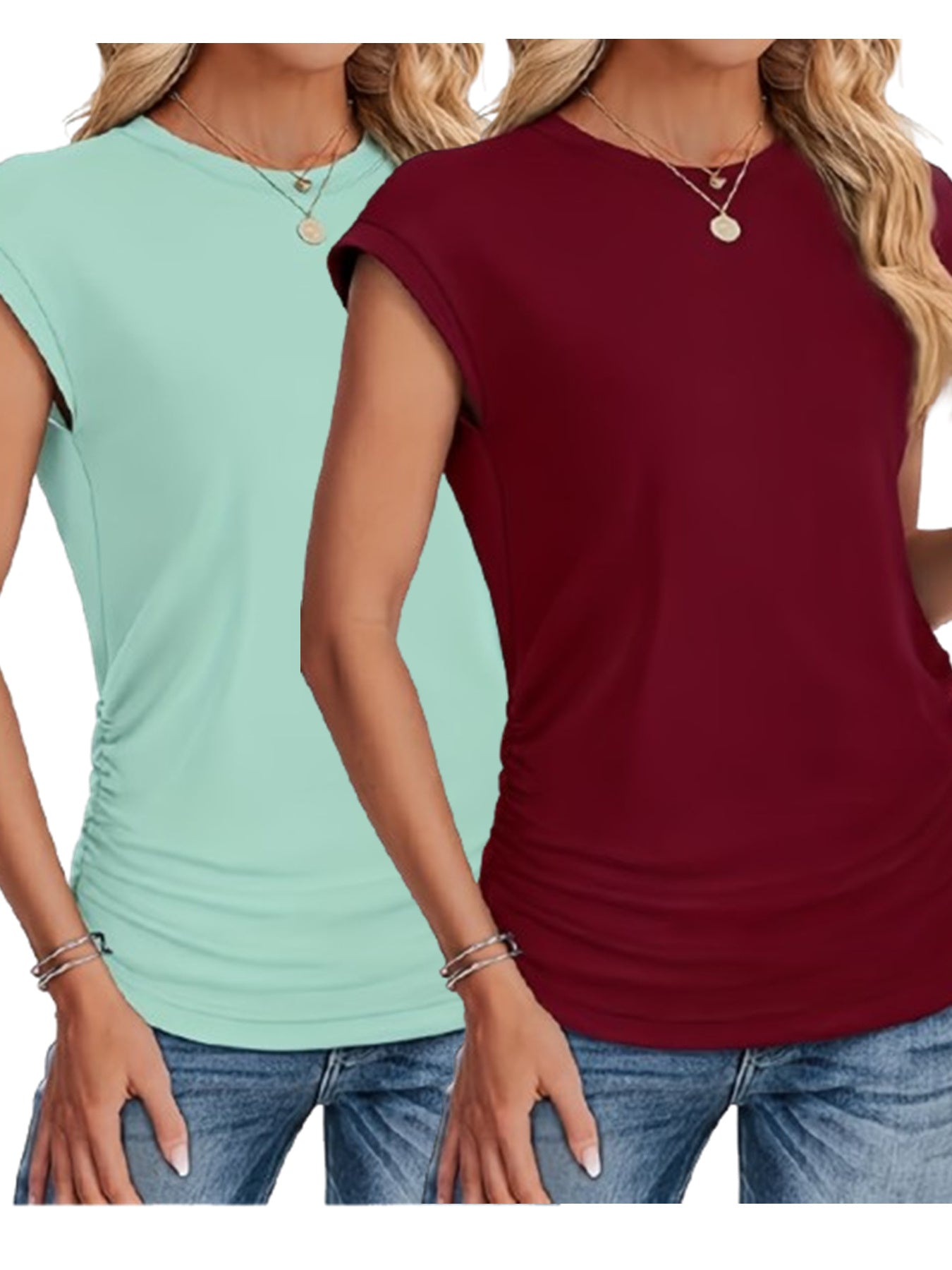 2-piece Crew Neck Short Sleeve Solid Color Casual T-shirt