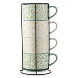 Thyme & Table White 4 Pack Stacking White and Green Floral Mugs 11.1 fl oz, Stoneware