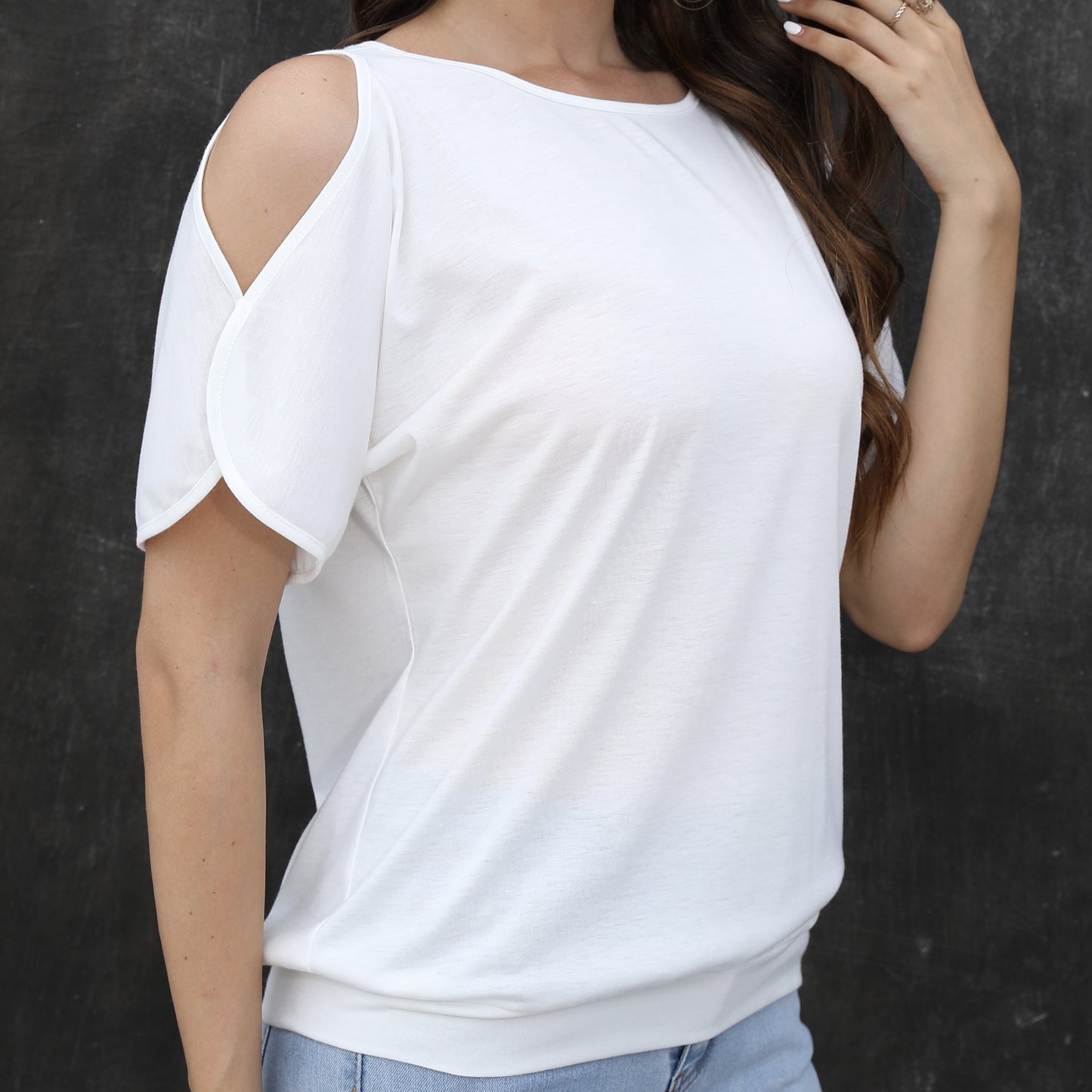 Ladies' Summer Design Off Shoulder Split Sleeve Round Neck Loose Solid Color T-shirt