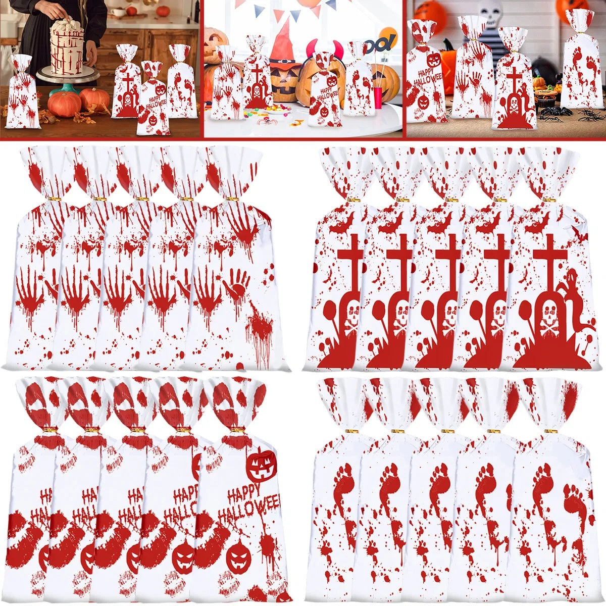50Pcs Halloween Cellophane Candy Bags With Twist Ties Horrific Bloody Treat Bags 4 Pattern Gift Goody Snack Sweet Bags For Halloween Murder Theme Party Snacks Cookies Gift Wrapping Supplies