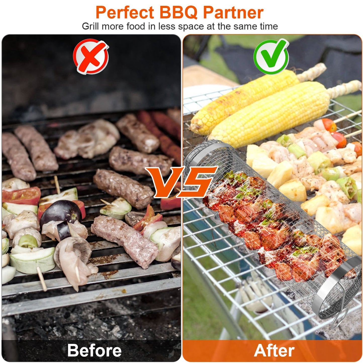 2Pcs 3.42x11.61Inch Portable BBQ Rolling Basket Round Stainless Steel Grill Mesh Barbecue Net Tube With Removable Cover Outdoor Camping