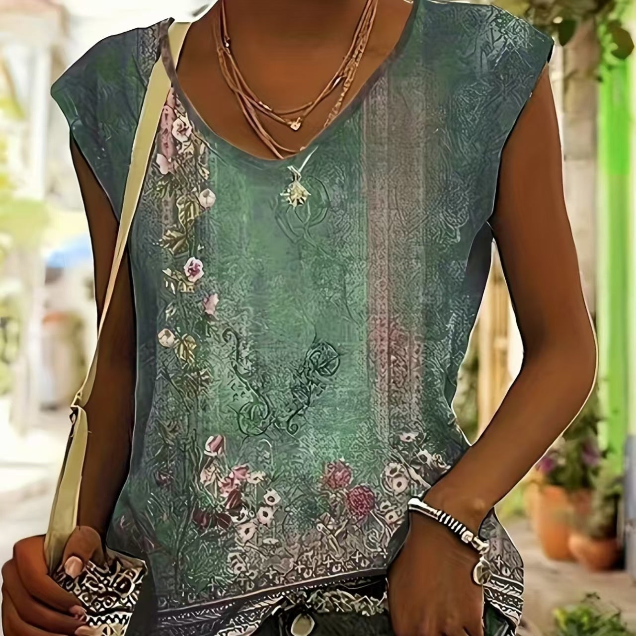 Ladies' Fashion Tribe Flower Printed Hat Sleeve V-neck T-shirt Tank Top