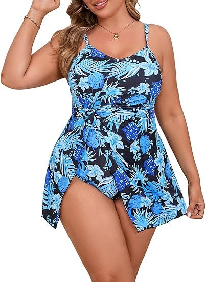 Beautife Womens Plus Size One Piece Swimsuits Tummy Control Swim Dress Floral Print Twist Slit Bathing Suits Swimdress