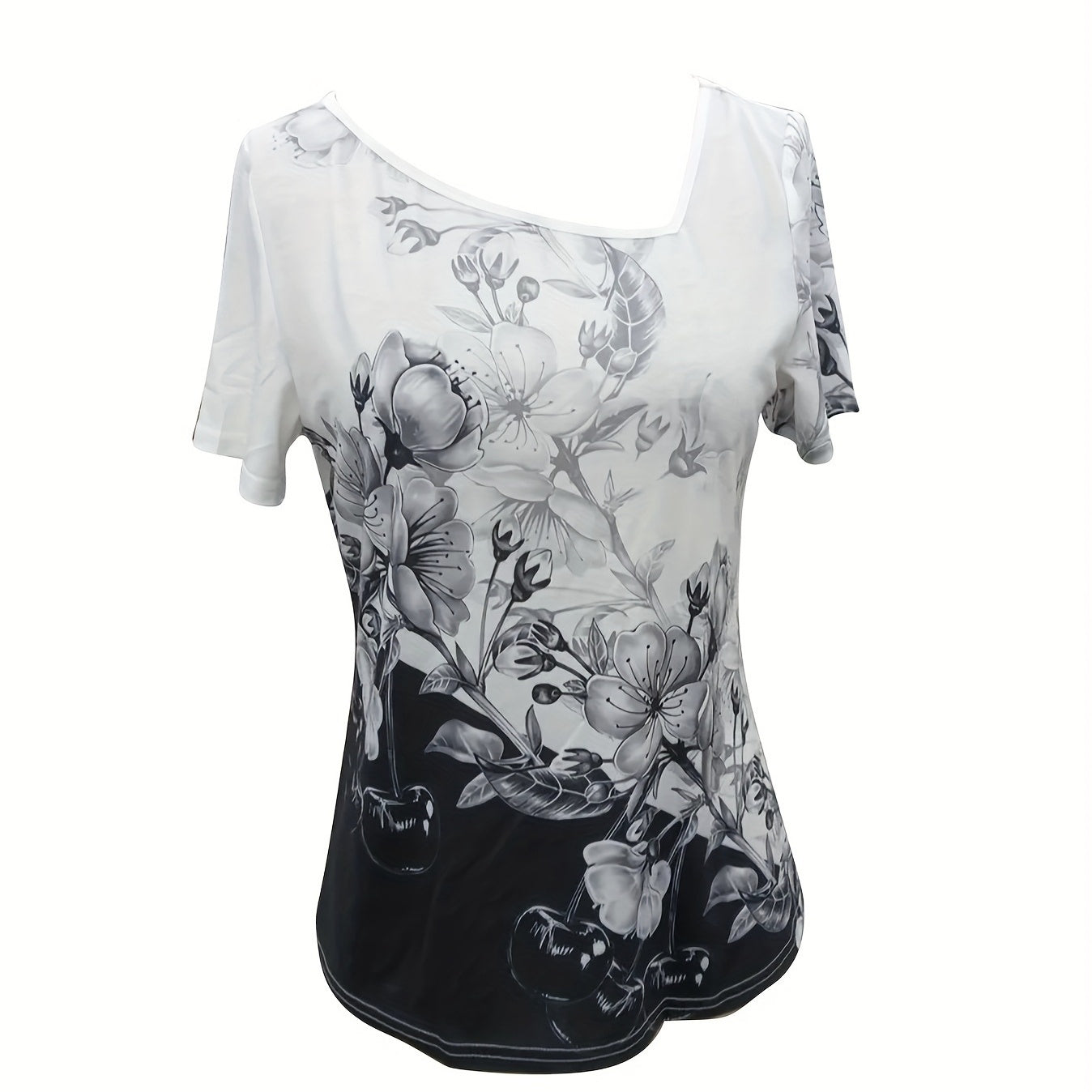 Ladies' Flower Print Asymmetrical Sloping Shoulder Collar Casual T-shirt Top