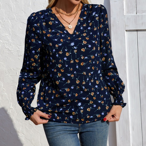 Women's V-neck Floral Long Sleeved Fashionable Shirt Top