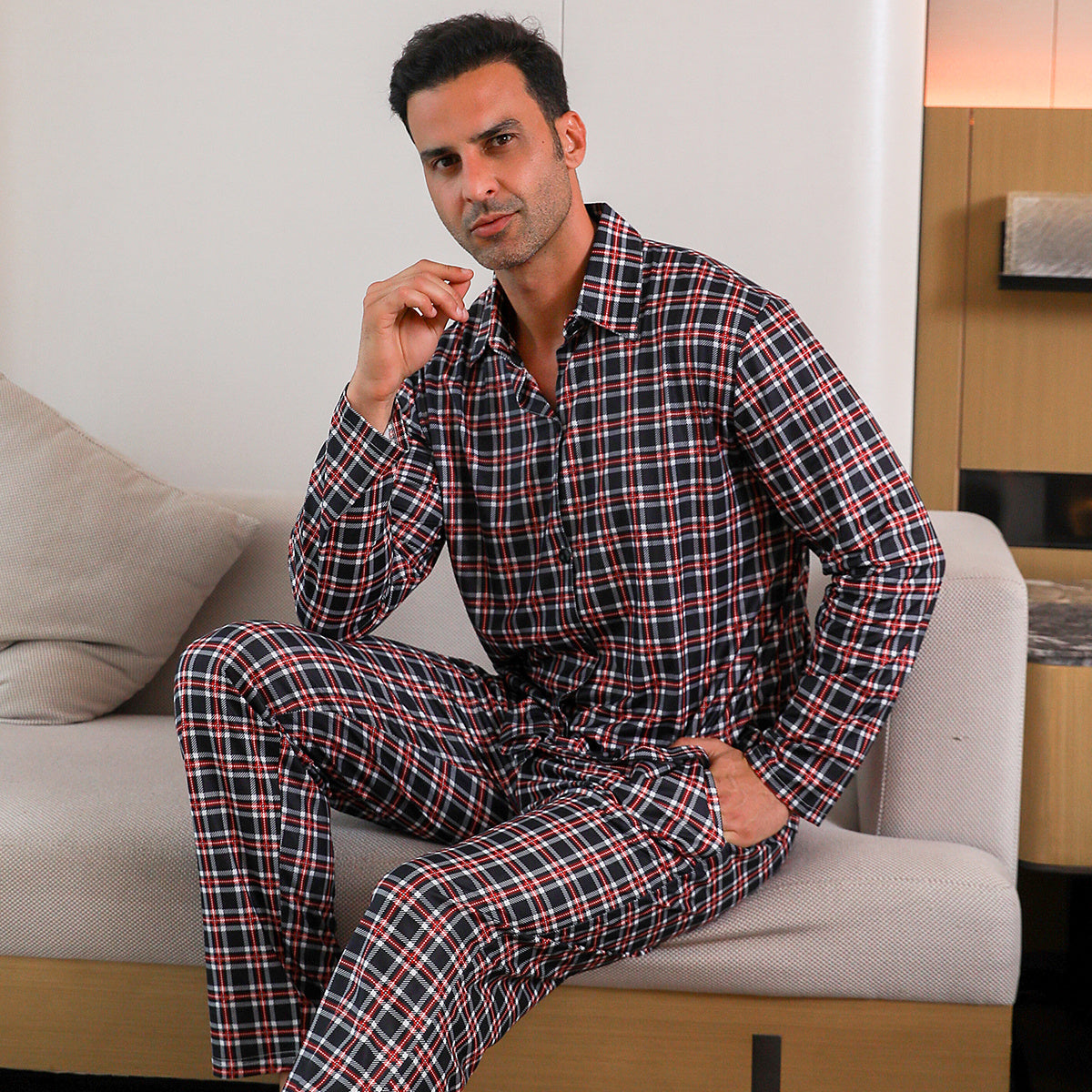Ice Silk Long Sleeve Long Pants Men's Pajama Set