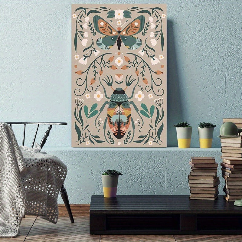 1pcs Modern Classic Wood Frame Canvas Wall Decor With Plant Flower & Butterfly Print, Girls Bedroom Wrap Canvas Painting, Animal Nature Digital Art, Realism Mid-Century Bohemian Collegiate Room Decor