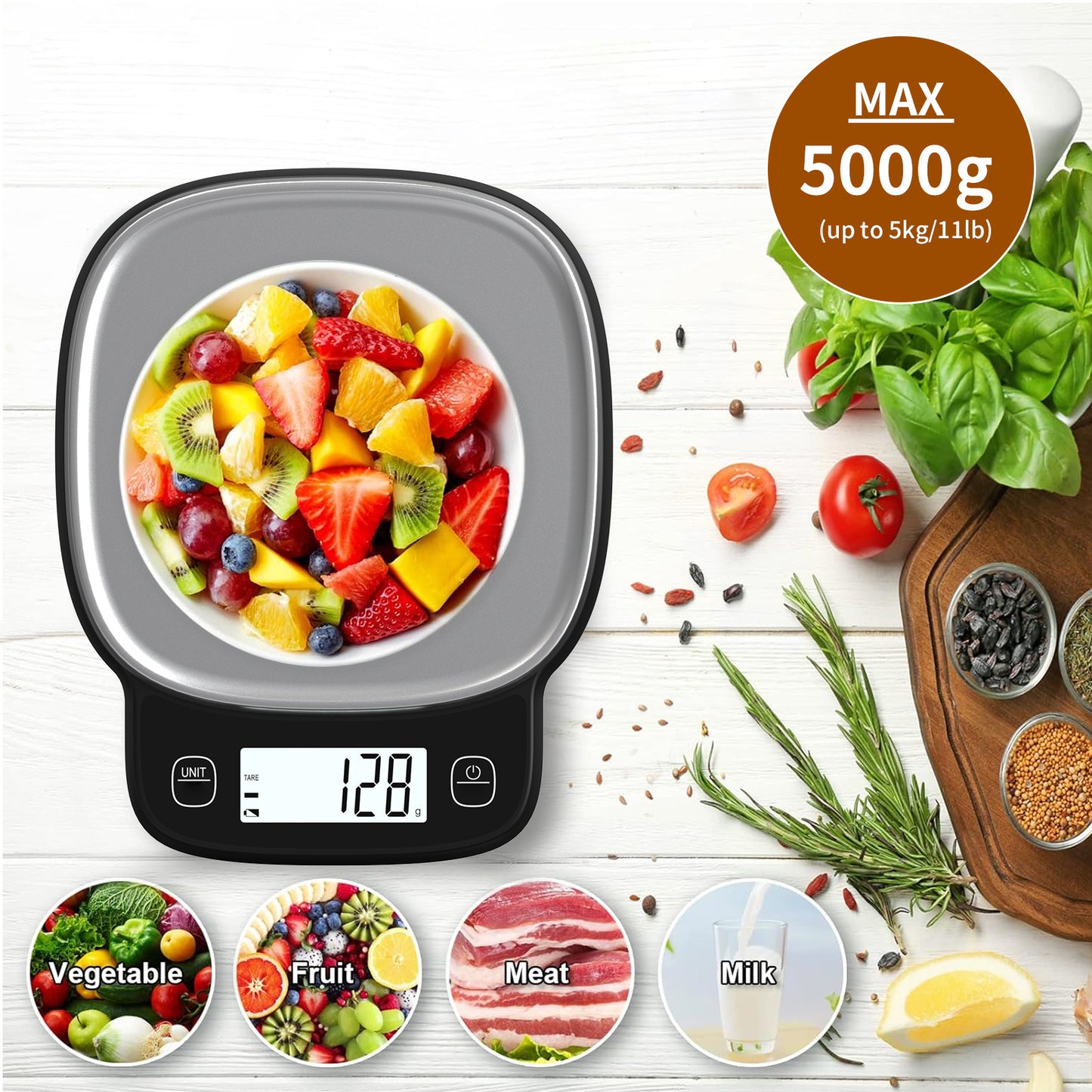 High Precision 0.1g Digital Kitchen Scale - Capacity 5kg, 304 Stainless Steel Surface, Multi-function LCD Display, One-click Peeling