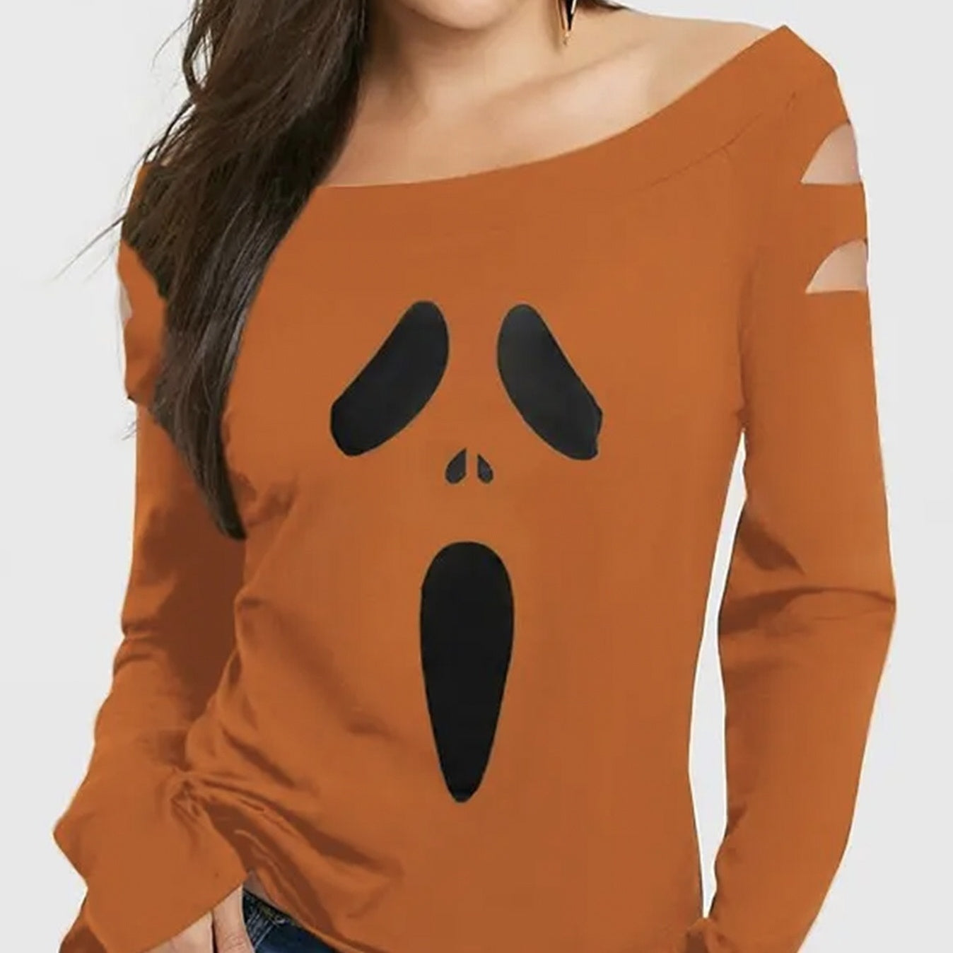 Ladies' Halloween Pumpkin Printed Diagonal Collar Hollow Long Sleeve Gothic T-shirt