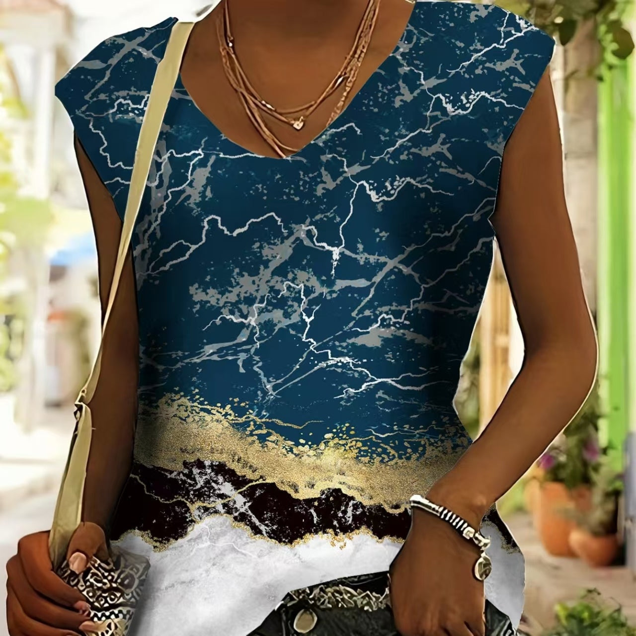 Women's Tribal Floral Print Hat Sleeve V-neck T-shirt