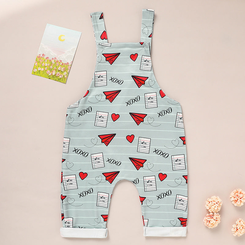 Baby Boy Girl's Casual Heart Pattern Jumpsuit, Paper Airplane Heart Xoxo Trendy Overalls, Valentine's Day Coming Home Outfit