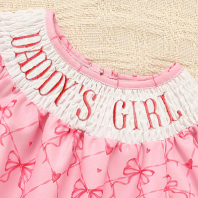Baby Girl's Bowknot Graphic Print Romper, Daddy's Girl Letter Print Triangle Jumpsuit With Bubble Sleeves