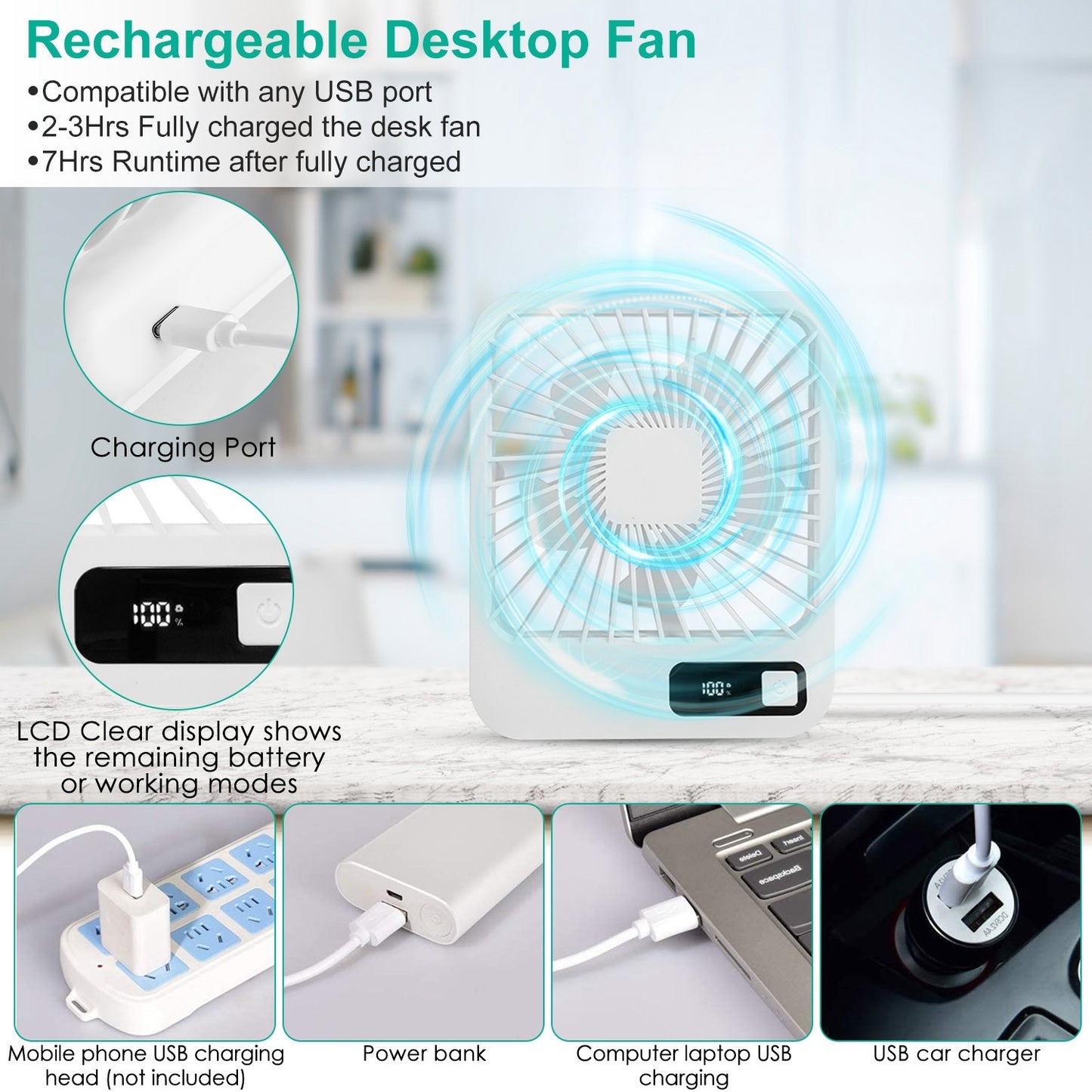 3 Colors Options -- 1Pc Mini Desktop Cooling Fan Rechargeable Battery Powered Personal Fan Speed Adjustment Strong Airflow Quiet Travel Fan With LCD Display For Home Office Travel