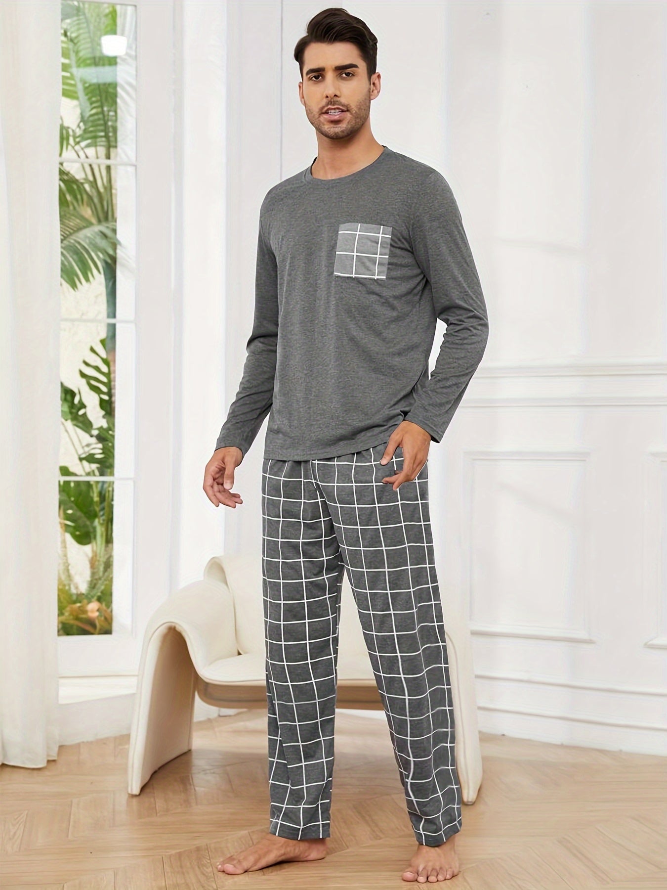 Polyester Long Sleeve Trousers Men's Pajama Set