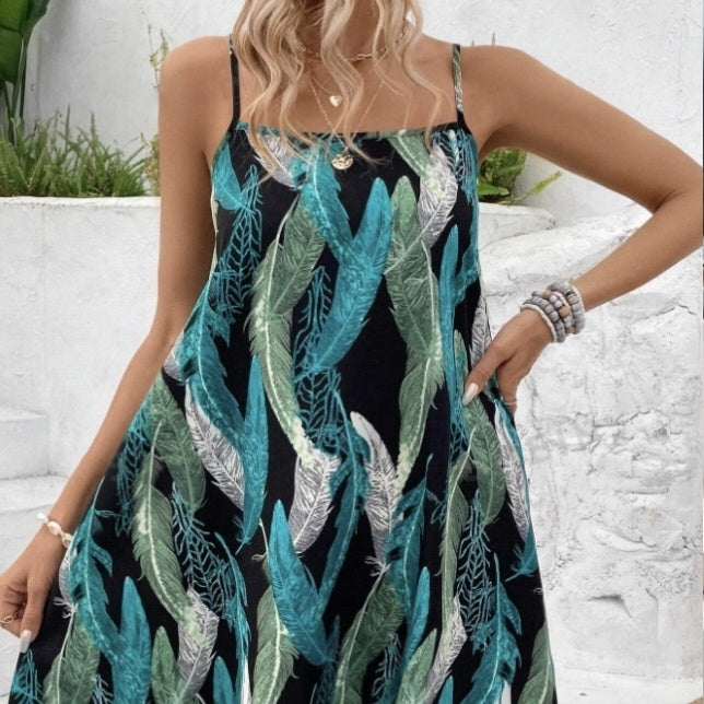 Ladies' Square Collar Printed Adjustable Slim Shoulder Strap Dress