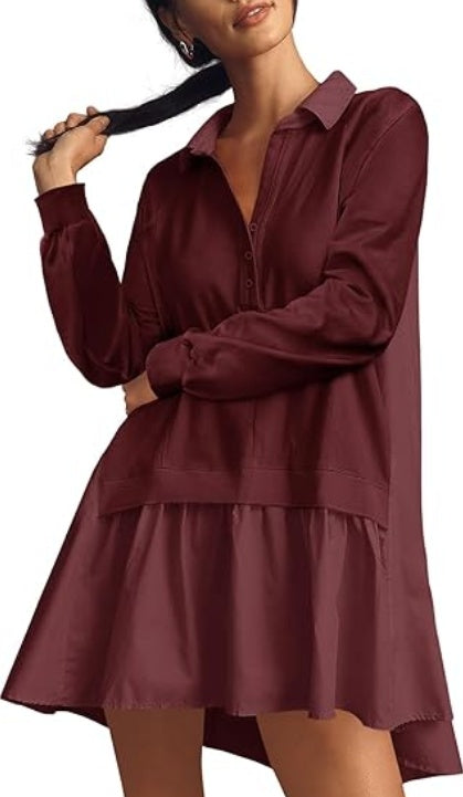 Fisoew Womens Oversized Sweatshirt Dress Long Sleeve V Neck Patchwork Casual Pullover Tops Loose Fit Mini Dresses