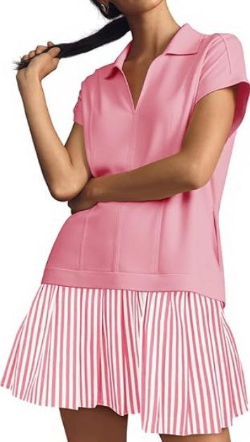 Fisoew Womens Summer Mini Dress Casual Patchwork Short Sleeve Polo V Neck Striped Dresses With Pockets