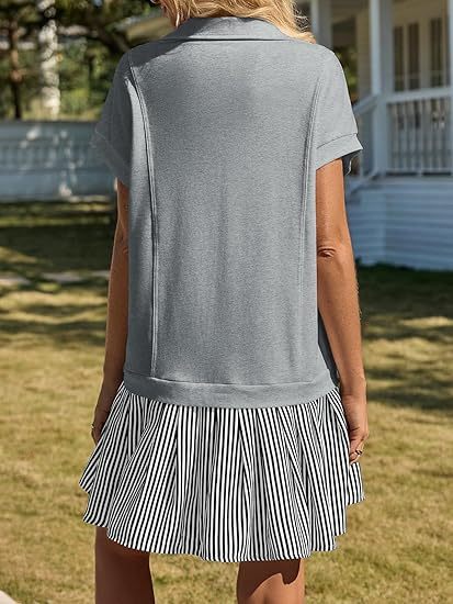 Fisoew Womens Summer Mini Dress Casual Patchwork Short Sleeve Polo V Neck Striped Dresses With Pockets