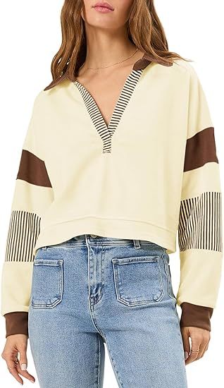 Fisoew Women's Long Sleeve Crop Tops Polo V Neck Color Block Casual Loose Pullover Cropped Sweatshirt