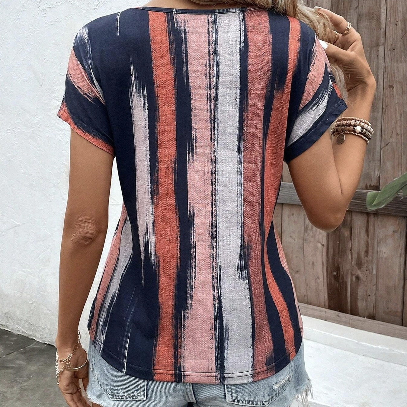 Ladies' V-neck Striped Contrasting Printed Batwing Sleeves Loose Casual Style Shirt Top T-shirt