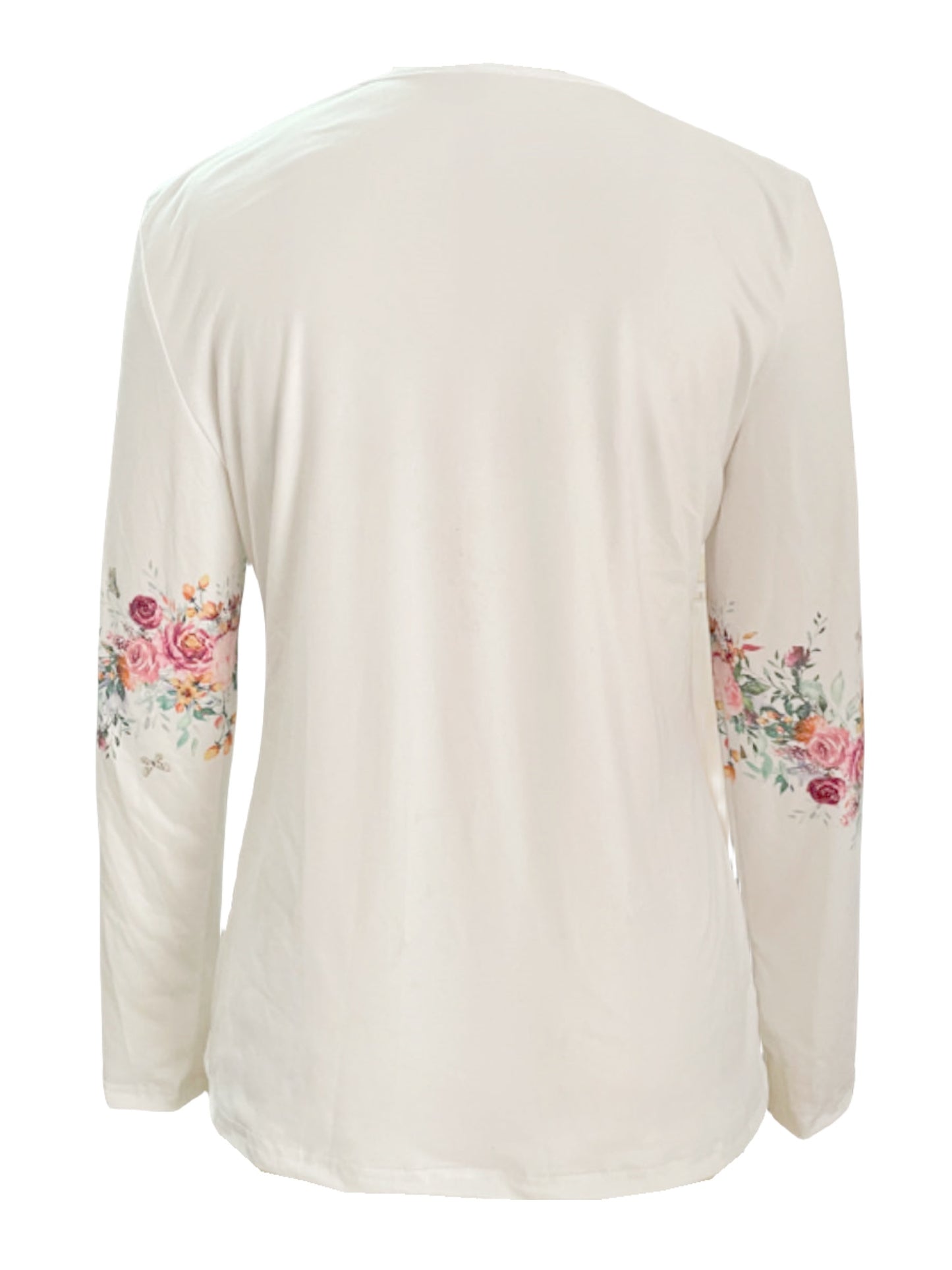 Spring And Autumn New Style White Buttoned Rose Print Long Sleeve T-shirt Casual Top