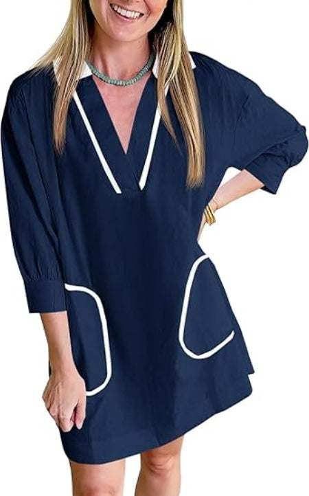 Saodimallsu Womens V Neck Swimsuit Coverup Sleeve Collar Color Block Oversized Cover Ups Mini Beach Dress With Pockets