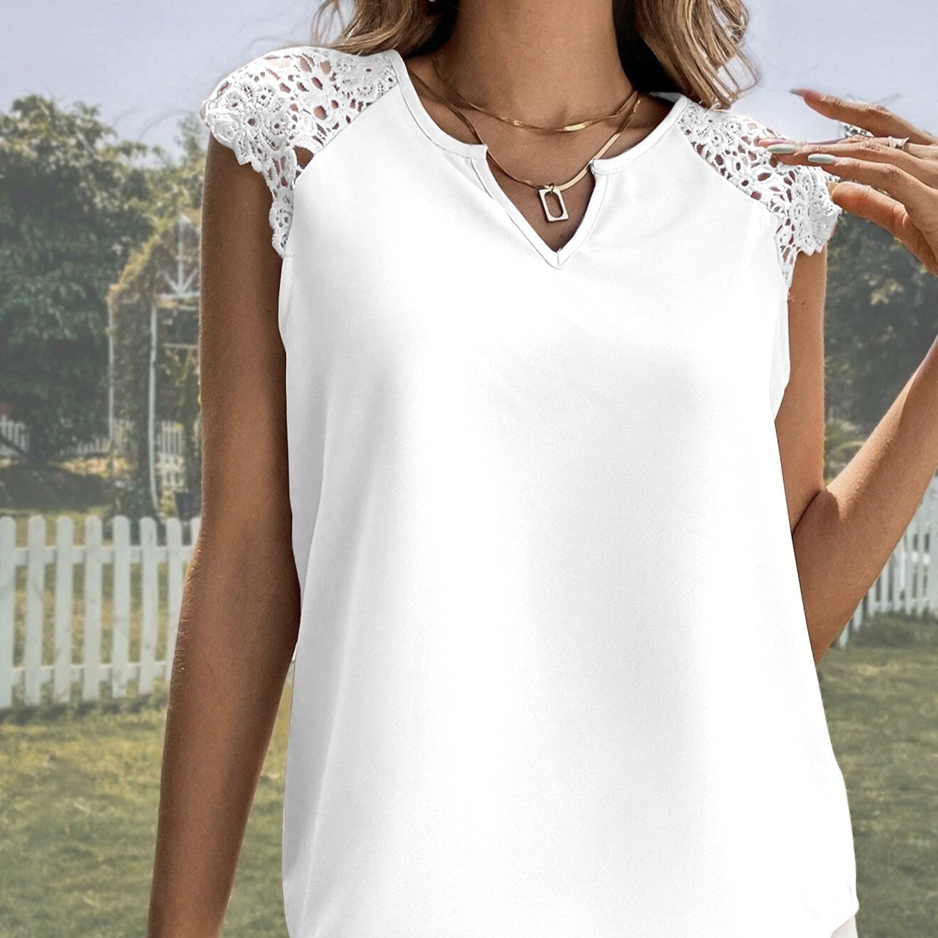 Ladies' Lace Notch Collar Shirt With Lace Patchwork Cuffs, Solid Color Casual Top