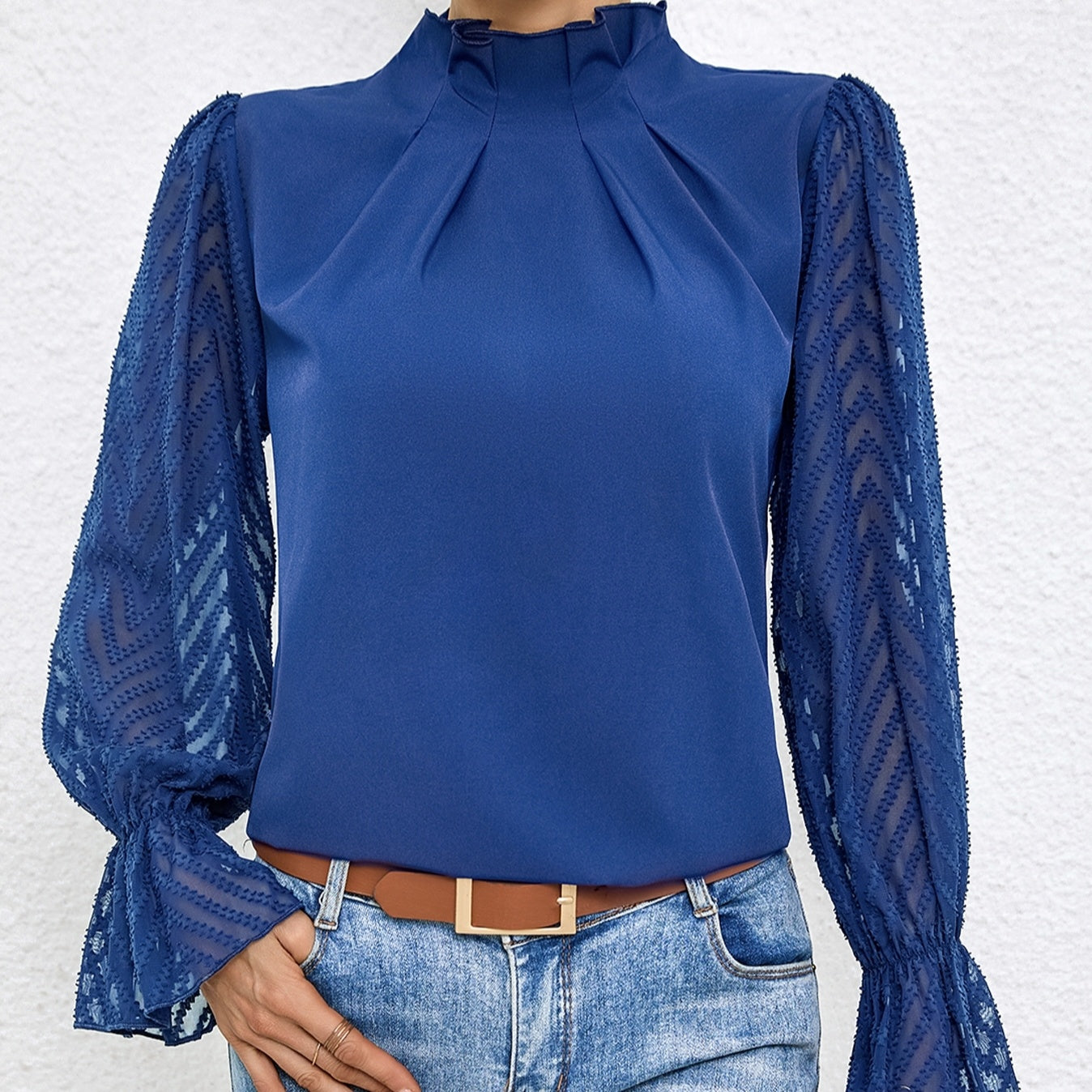 Women's Solid Color Mesh Patchwork Long Sleeved Shirt With Black Fungus Edge Collar