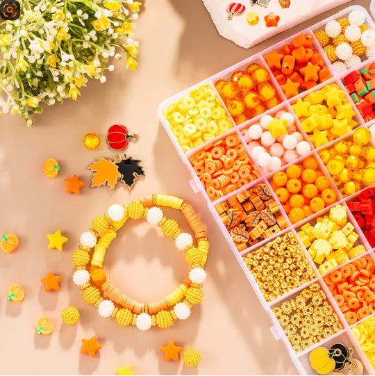 1510 Pcs Fall Bracelets Beads Kit With 24 Grid Storage Box Maple Leaf Pumpkin Star Shaped Clay Beads For Jewelry Making Beads Heishi Beads For DIY Craft Thanksgiving Harvest Party Gift