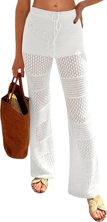 Saodimallsu Womens Beach Cover Up Pants Boho Crochet Knit High Waist Drawstring Sheer Hollow Swim Pant Swimwear