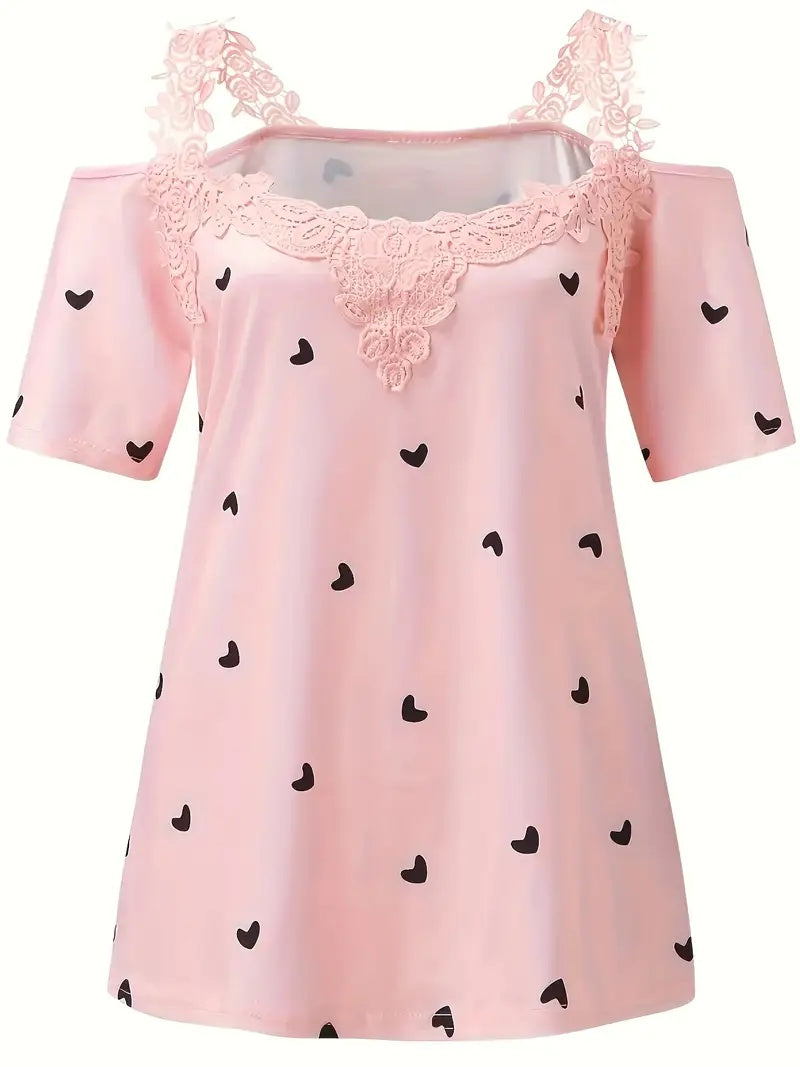 New Summer Short-sleeved Lace Heart Print T-shirt Women's Top