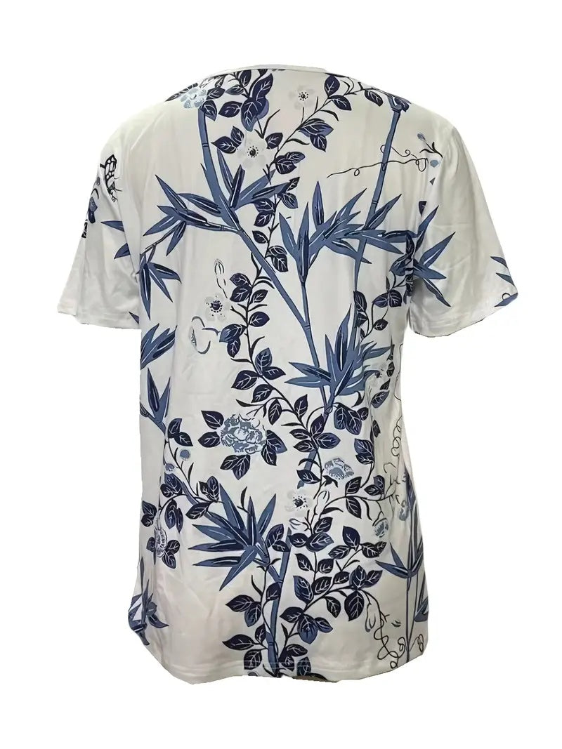 New Summer Fashion Casual V-neck Botanical Print Top Short Sleeve T-shirt