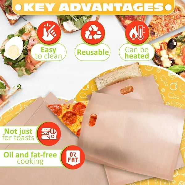 12Pcs Non Stick Toaster Bags Reusable 6.7 X7.5 Inch Grilled Cheese Bags Heat Resistant & Easy To Clean Mess Free Toasting Sandwiches Panini & More Compatible With Toaster Oven Microwave & Grill
